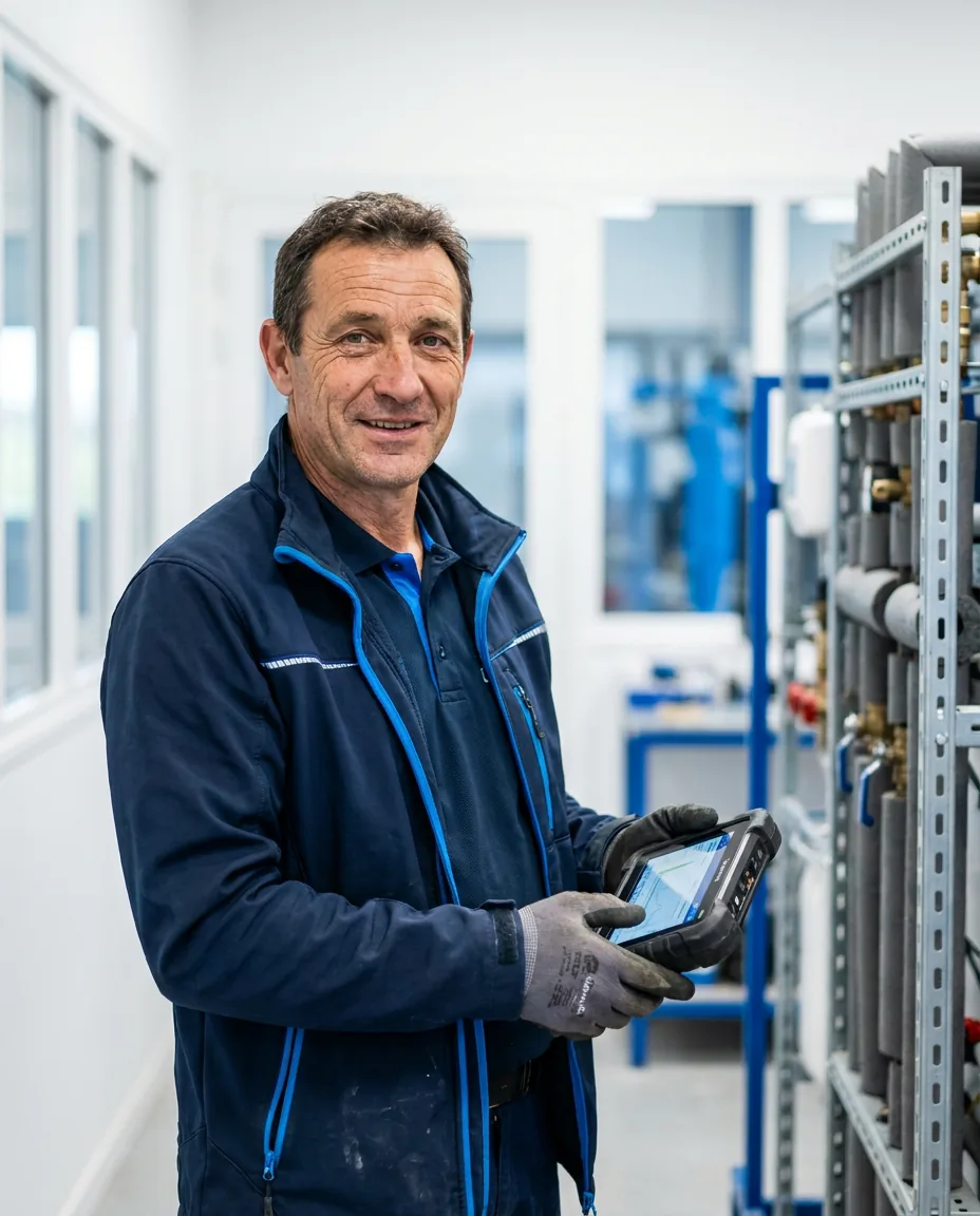 Technicien ACS Plomberie en uniforme bleu marine dans atelier moderne parisien